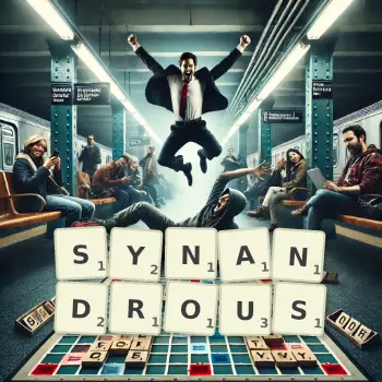 Creative illustration for a Scrabble game with the word SYNANDROUS spelled out in tiles on the board.