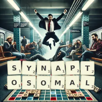 Creative illustration for a Scrabble game with the word SYNAPTOSOMAL spelled out in tiles on the board.