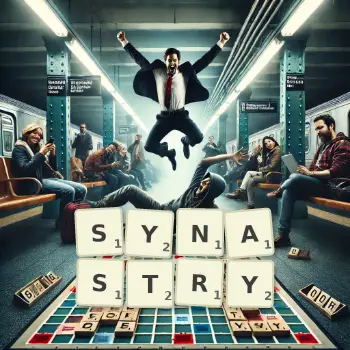 Creative illustration for a Scrabble game with the word SYNASTRY spelled out in tiles on the board.