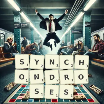 Creative illustration for a Scrabble game with the word SYNCHONDROSES spelled out in tiles on the board.