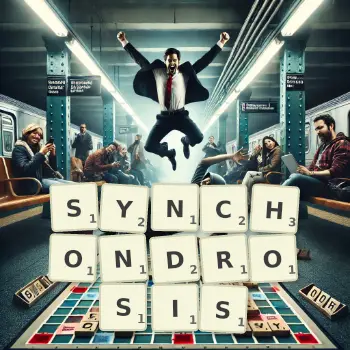Creative illustration for a Scrabble game with the word SYNCHONDROSIS spelled out in tiles on the board.