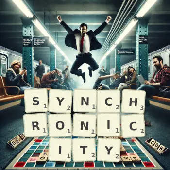Creative illustration for a Scrabble game with the word SYNCHRONICITY spelled out in tiles on the board.
