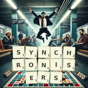 Creative illustration for a Scrabble game with the word SYNCHRONISERS spelled out in tiles on the board.