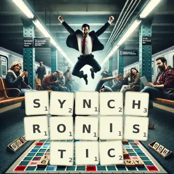 Creative illustration for a Scrabble game with the word SYNCHRONISTIC spelled out in tiles on the board.