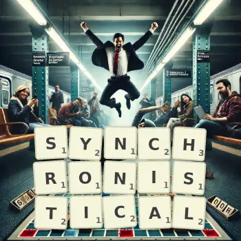 Creative illustration for a Scrabble game with the word SYNCHRONISTICAL spelled out in tiles on the board.