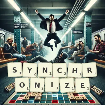 Creative illustration for a Scrabble game with the word SYNCHRONIZE spelled out in tiles on the board.