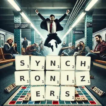 Creative illustration for a Scrabble game with the word SYNCHRONIZERS spelled out in tiles on the board.