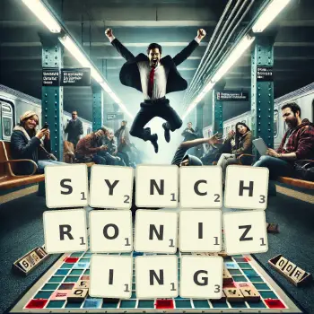 Creative illustration for a Scrabble game with the word SYNCHRONIZING spelled out in tiles on the board.
