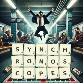 Creative illustration for a Scrabble game with the word SYNCHRONOSCOPES spelled out in tiles on the board.