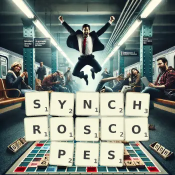 Creative illustration for a Scrabble game with the word SYNCHROSCOPES spelled out in tiles on the board.