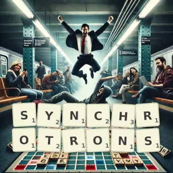 Creative illustration for a Scrabble game with the word SYNCHROTRONS spelled out in tiles on the board.