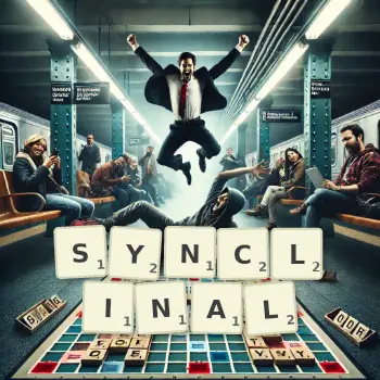 Creative illustration for a Scrabble game with the word SYNCLINAL spelled out in tiles on the board.