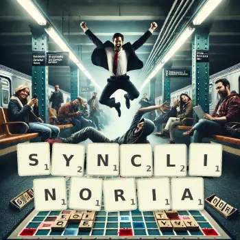 Creative illustration for a Scrabble game with the word SYNCLINORIA spelled out in tiles on the board.