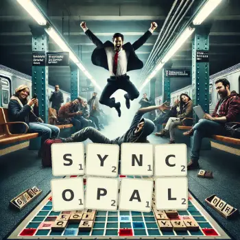 Creative illustration for a Scrabble game with the word SYNCOPAL spelled out in tiles on the board.