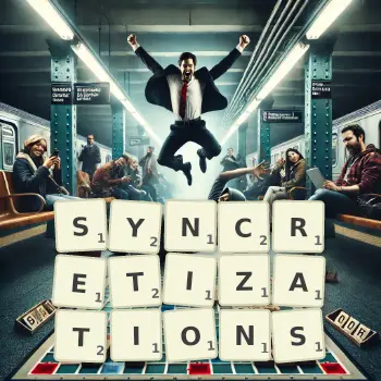 Creative illustration for a Scrabble game with the word SYNCRETIZATIONS spelled out in tiles on the board.