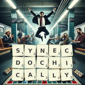 Creative illustration for a Scrabble game with the word SYNECDOCHICALLY spelled out in tiles on the board.