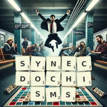 Creative illustration for a Scrabble game with the word SYNECDOCHISMS spelled out in tiles on the board.