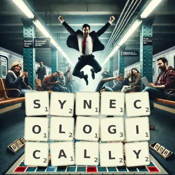 Creative illustration for a Scrabble game with the word SYNECOLOGICALLY spelled out in tiles on the board.
