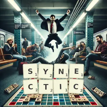 Creative illustration for a Scrabble game with the word SYNECTIC spelled out in tiles on the board.