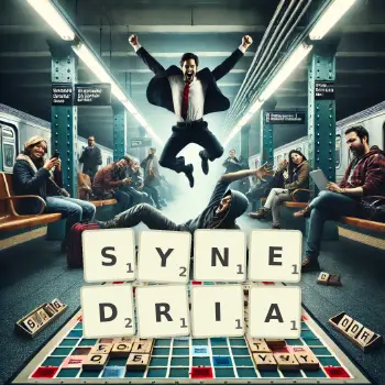 Creative illustration for a Scrabble game with the word SYNEDRIA spelled out in tiles on the board.