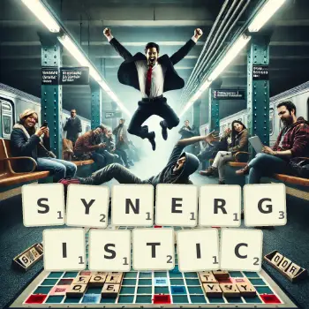 Creative illustration for a Scrabble game with the word SYNERGISTIC spelled out in tiles on the board.