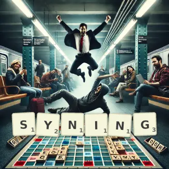 Creative illustration for a Scrabble game with the word SYNING spelled out in tiles on the board.