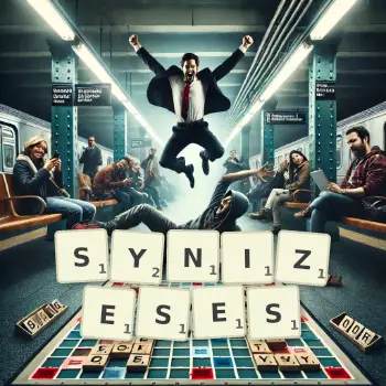Creative illustration for a Scrabble game with the word SYNIZESES spelled out in tiles on the board.