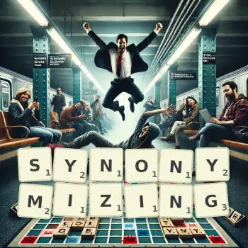 Creative illustration for a Scrabble game with the word SYNONYMIZING spelled out in tiles on the board.