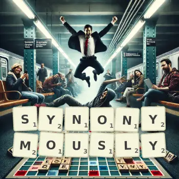 Creative illustration for a Scrabble game with the word SYNONYMOUSLY spelled out in tiles on the board.