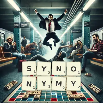 Creative illustration for a Scrabble game with the word SYNONYMY spelled out in tiles on the board.