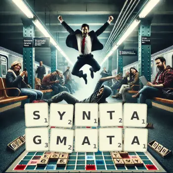 Creative illustration for a Scrabble game with the word SYNTAGMATA spelled out in tiles on the board.