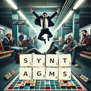 Creative illustration for a Scrabble game with the word SYNTAGMS spelled out in tiles on the board.