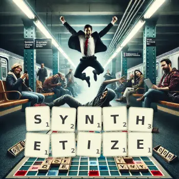 Creative illustration for a Scrabble game with the word SYNTHETIZE spelled out in tiles on the board.