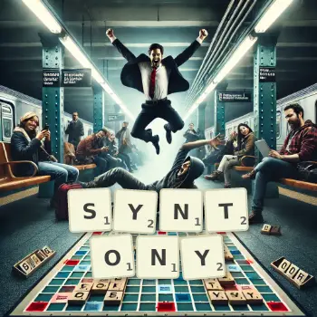 Creative illustration for a Scrabble game with the word SYNTONY spelled out in tiles on the board.