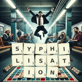 Creative illustration for a Scrabble game with the word SYPHILISATION spelled out in tiles on the board.