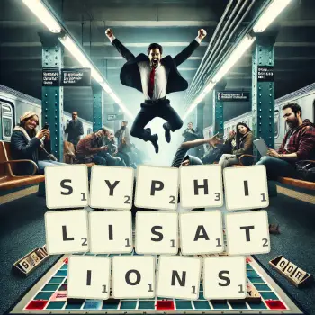 Creative illustration for a Scrabble game with the word SYPHILISATIONS spelled out in tiles on the board.