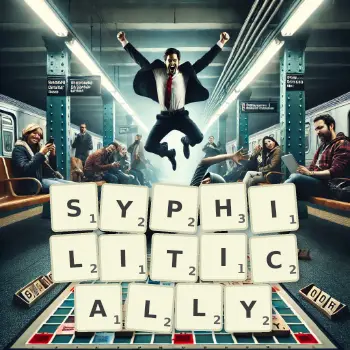 Creative illustration for a Scrabble game with the word SYPHILITICALLY spelled out in tiles on the board.