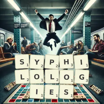 Creative illustration for a Scrabble game with the word SYPHILOLOGIES spelled out in tiles on the board.