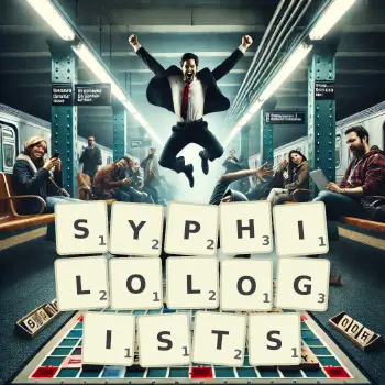 Creative illustration for a Scrabble game with the word SYPHILOLOGISTS spelled out in tiles on the board.