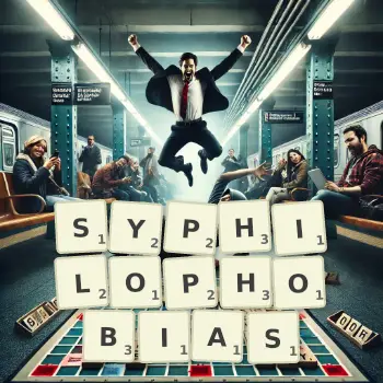 Creative illustration for a Scrabble game with the word SYPHILOPHOBIAS spelled out in tiles on the board.
