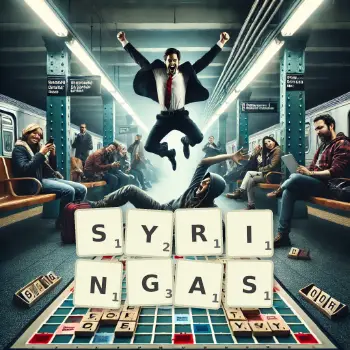 Creative illustration for a Scrabble game with the word SYRINGAS spelled out in tiles on the board.
