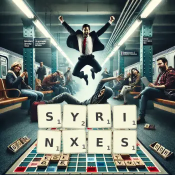 Creative illustration for a Scrabble game with the word SYRINXES spelled out in tiles on the board.