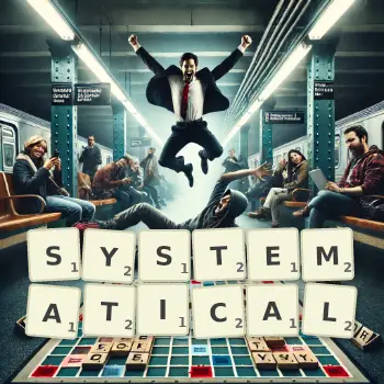 Creative illustration for a Scrabble game with the word SYSTEMATICAL spelled out in tiles on the board.