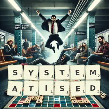 Creative illustration for a Scrabble game with the word SYSTEMATISED spelled out in tiles on the board.