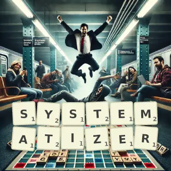 Creative illustration for a Scrabble game with the word SYSTEMATIZER spelled out in tiles on the board.