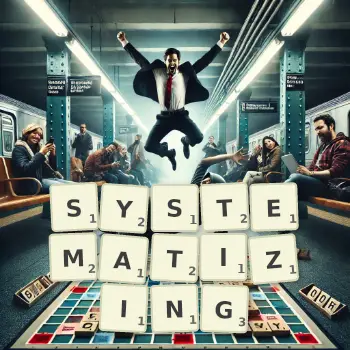 Creative illustration for a Scrabble game with the word SYSTEMATIZING spelled out in tiles on the board.
