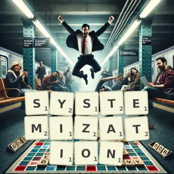 Creative illustration for a Scrabble game with the word SYSTEMIZATION spelled out in tiles on the board.