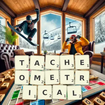 Creative illustration for a Scrabble game with the word TACHEOMETRICAL spelled out in tiles on the board.