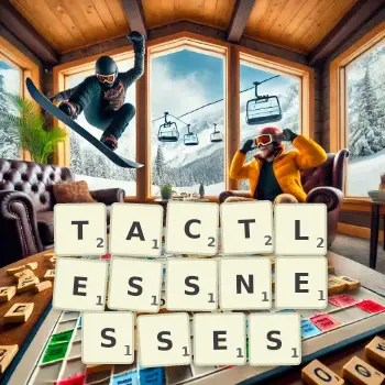Creative illustration for a Scrabble game with the word TACTLESSNESSES spelled out in tiles on the board.