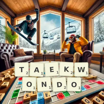 Creative illustration for a Scrabble game with the word TAEKWONDO spelled out in tiles on the board.